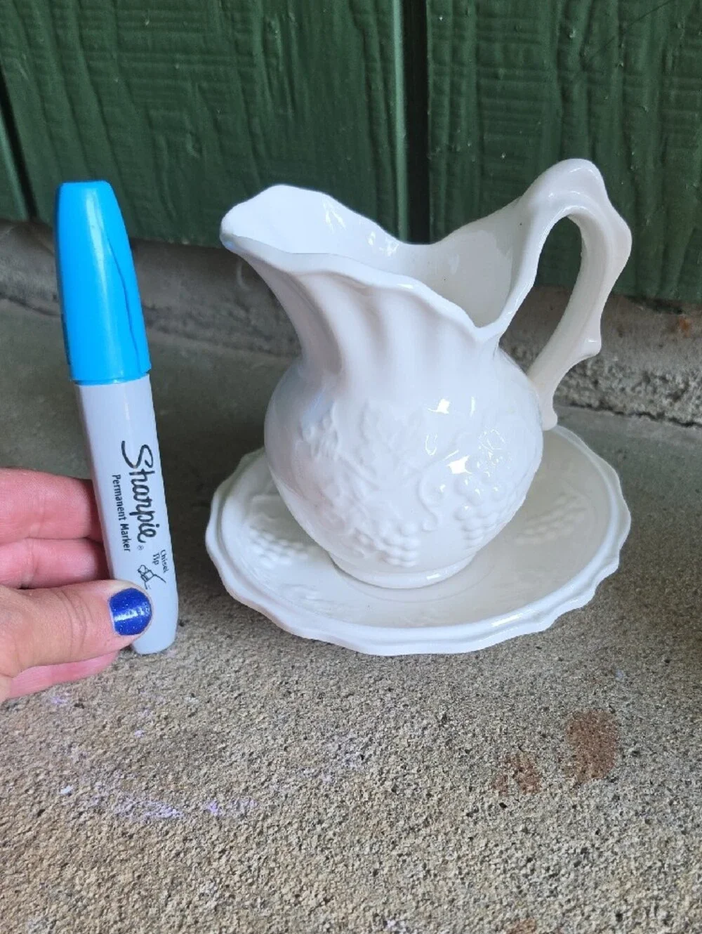 Enesco White Embossed Ceramic Pitcher and Saucer Set